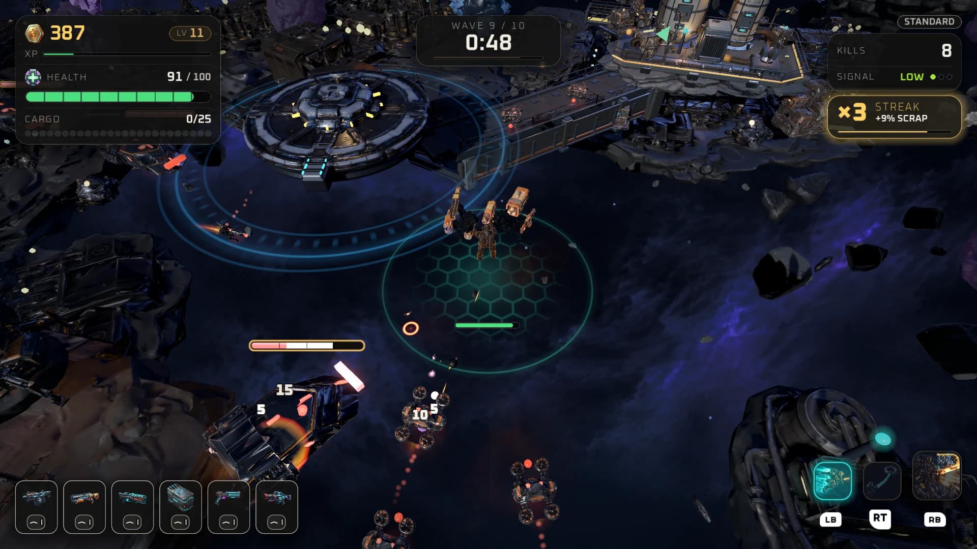The Gunner fighting a wave-9 enemy near the refinery with six weapons equipped