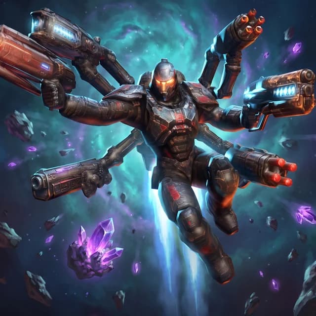 The exosuit with all six weapon mounts armed
