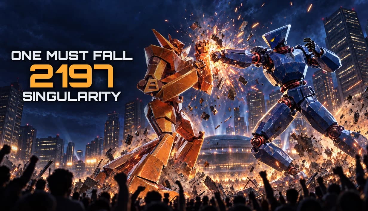 One Must Fall 2197: Singularity key art: two giant fighting robots trade a punch in a ruined stadium