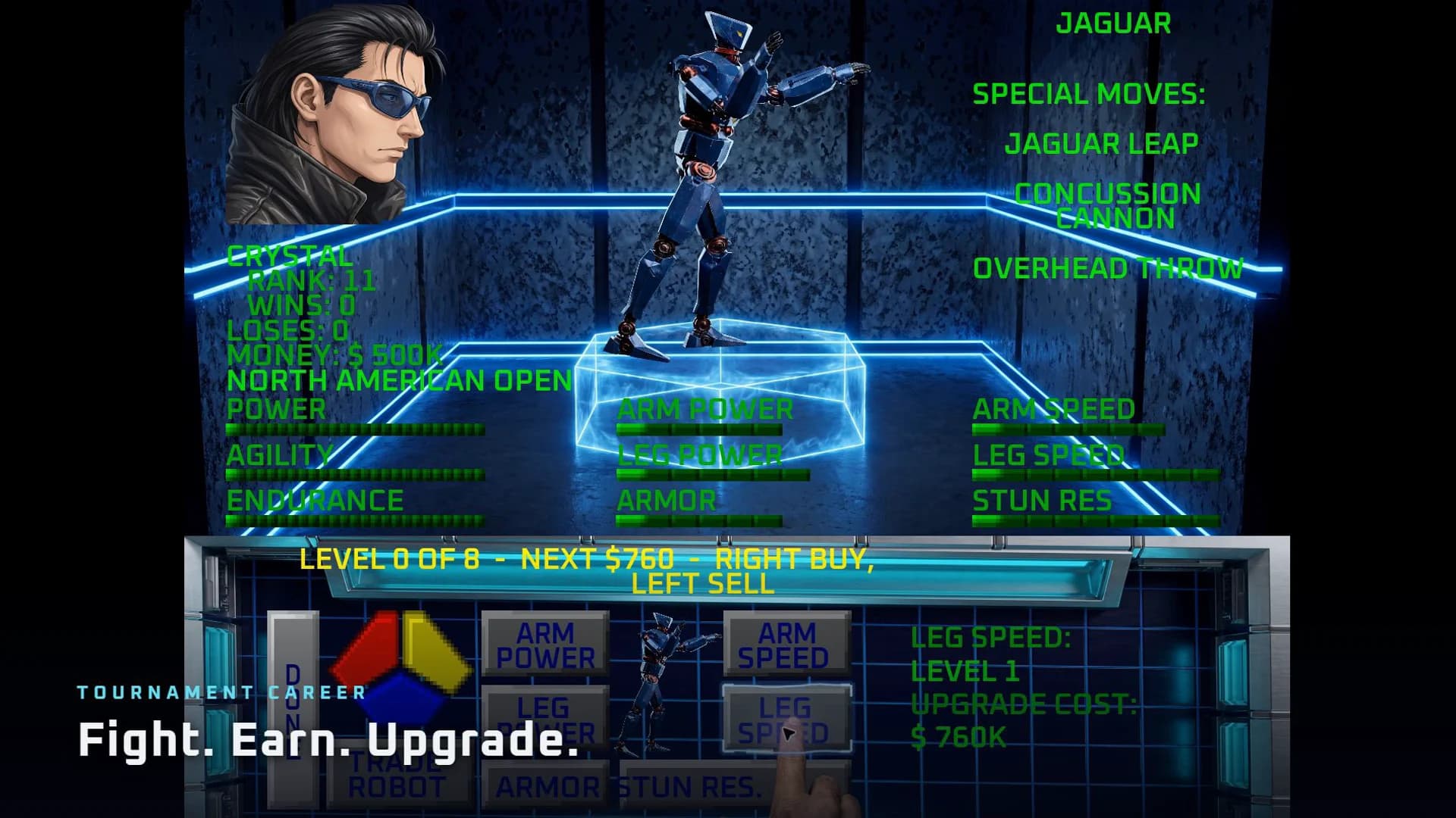 Tournament mech lab showing a pilot's stats and robot upgrades